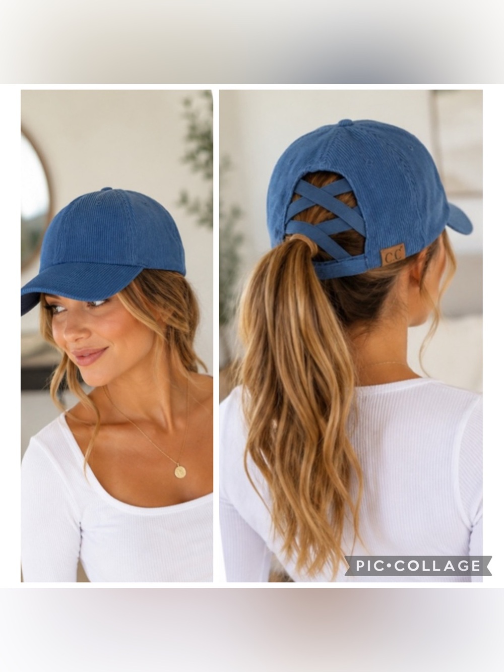 NWT C.C. Corduroy Criss Cross Ponytail Baseball Cap Blue